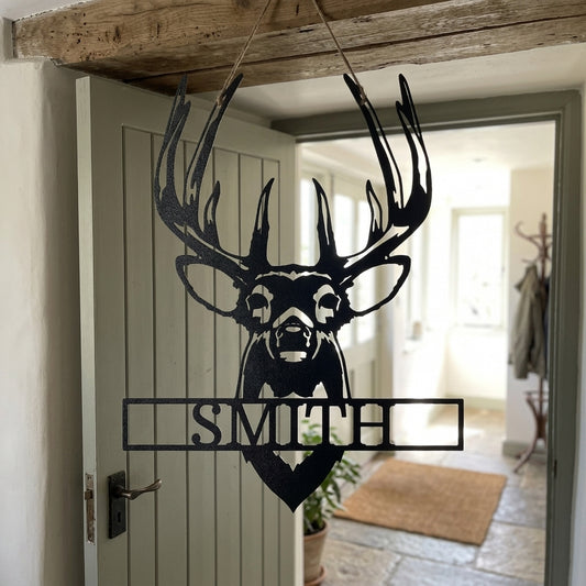 Custom Metal Wall Art - Personalized Buck Antler Sign Black