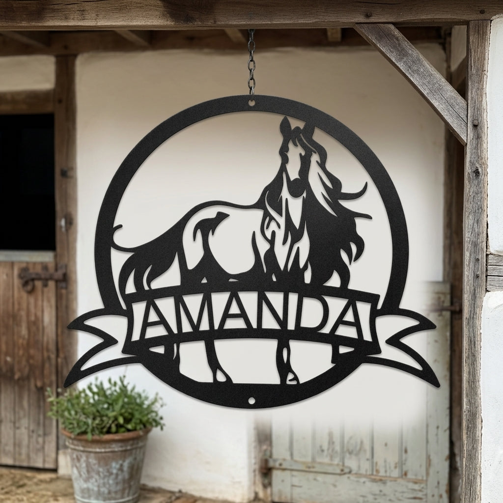 Custom Metal Wall Art - Personalized Horse Monogram Sign Black