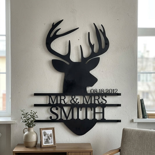 Custom Metal Wall Art - Personalized Deer Antler Head Monogram Sign Black
