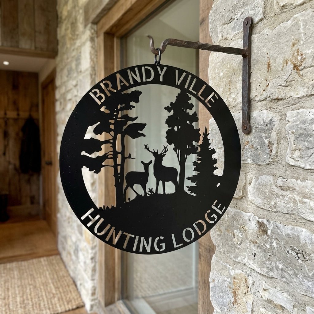 Custom Metal Wall Art - Personalized Deer Forest Monogram Sign Black