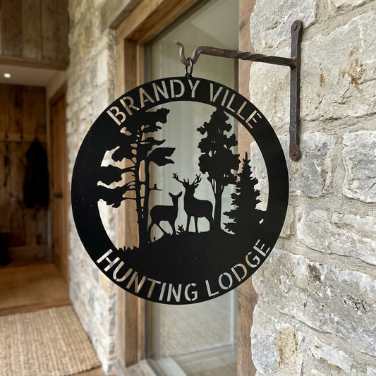 Custom Metal Wall Art - Personalized Deer Forest Monogram Sign Black