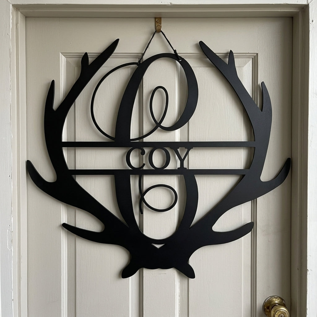 Custom Metal Wall Art - Personalized Deer Antler Monogram Sign Black