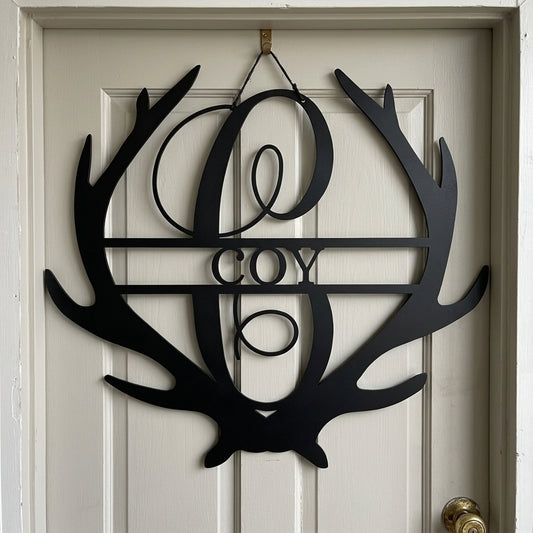 Custom Metal Wall Art - Personalized Deer Antler Monogram Sign Black