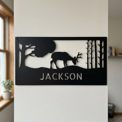 Custom Metal Wall Art - Deer Silhouette Monogram Sign Black