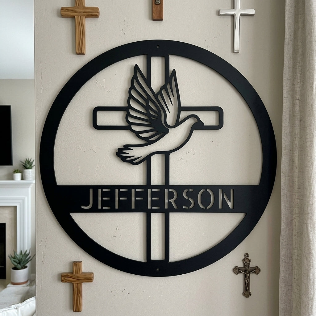 Custom Metal Wall Art - Personalized Cross and Dove Monogram Sign Black