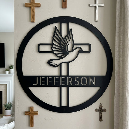 Custom Metal Wall Art - Personalized Cross and Dove Monogram Sign Black