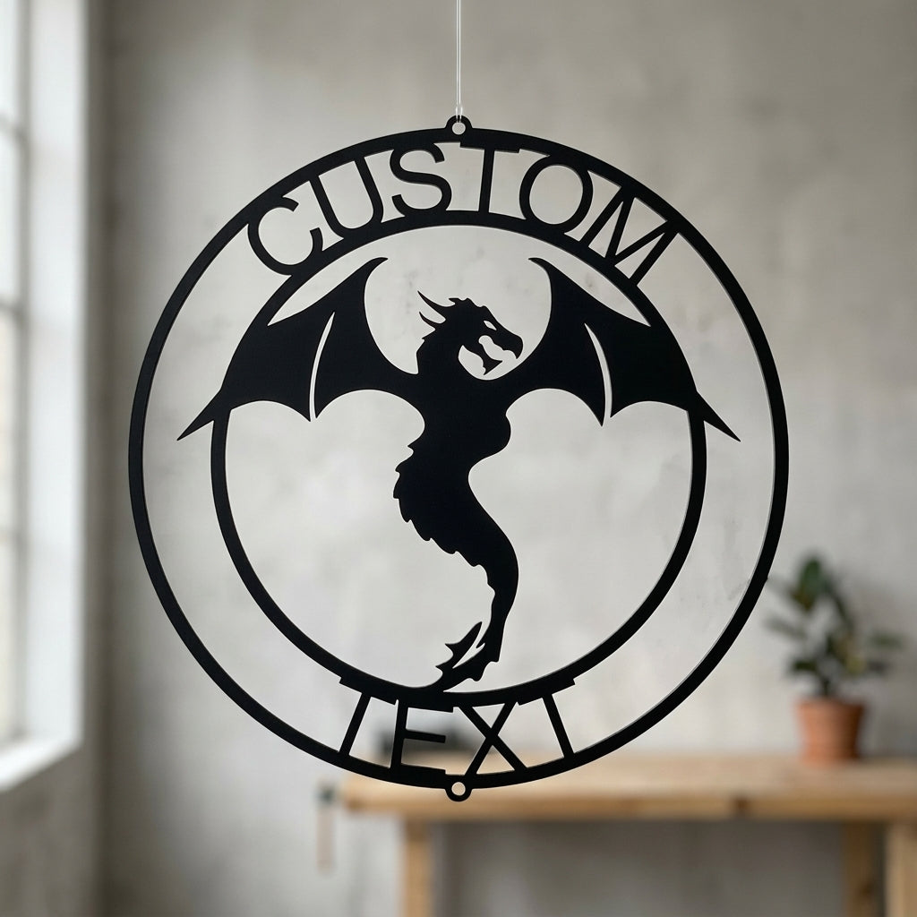 Custom Metal Wall Art - Personalized Dragon Sign Black
