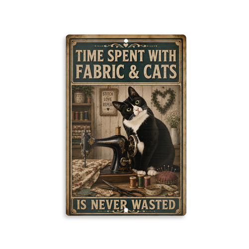 Aluminium Metal Sign - Sewing Fabric & Cats 8x12