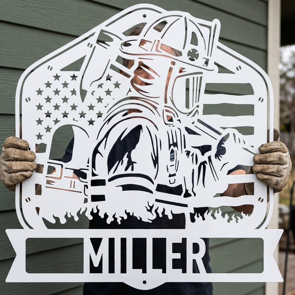 Custom Metal Wall Art - Personalized Firefighter Sign White