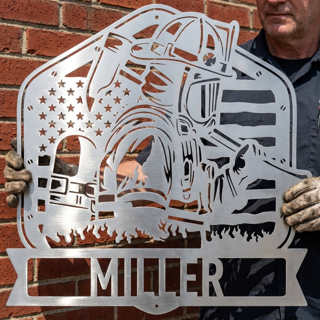 Custom Metal Wall Art - Personalized Firefighter Sign Silver