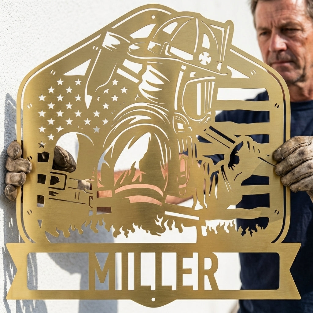 Custom Metal Wall Art - Personalized Firefighter Sign Gold