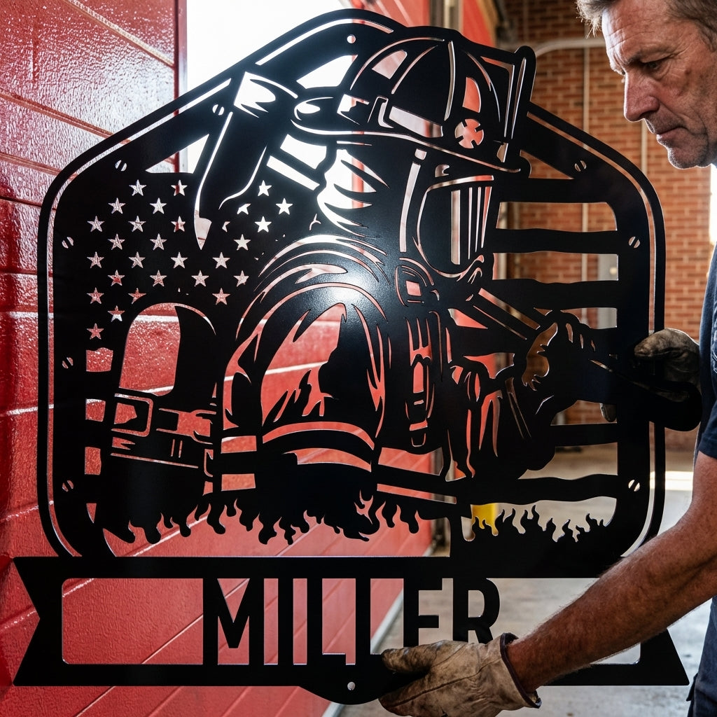 Custom Metal Wall Art - Personalized Firefighter Sign Black