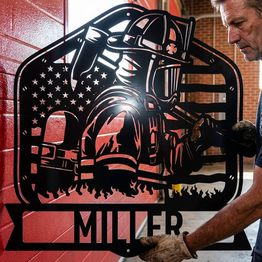 Custom Metal Wall Art - Personalized Firefighter Sign Black