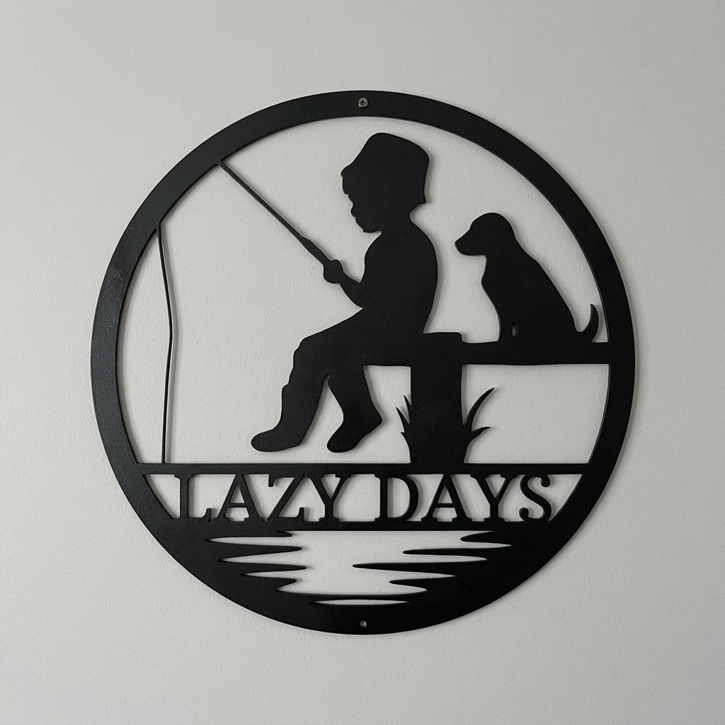 Custom Metal Wall Art - Personalized Fishing With Dog Sign Black
