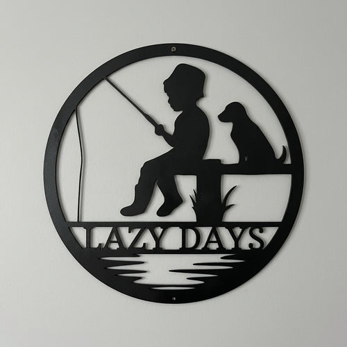 Custom Metal Wall Art - Personalized Fishing With Dog Sign Black