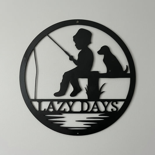 Custom Metal Wall Art - Personalized Fishing With Dog Sign Black