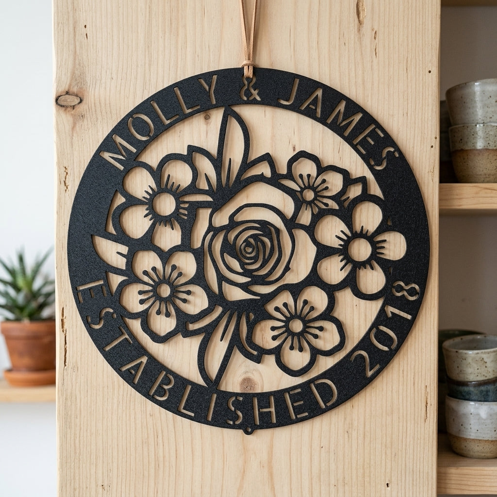 Custom Metal Wall Art - Personalized Floral Name Sign Black