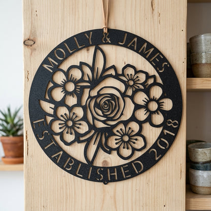 Custom Metal Wall Art - Personalized Floral Name Sign Black