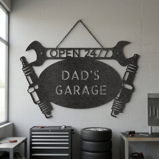Custom Metal Wall Art - Personalized Dad's Garage Name Sign Black