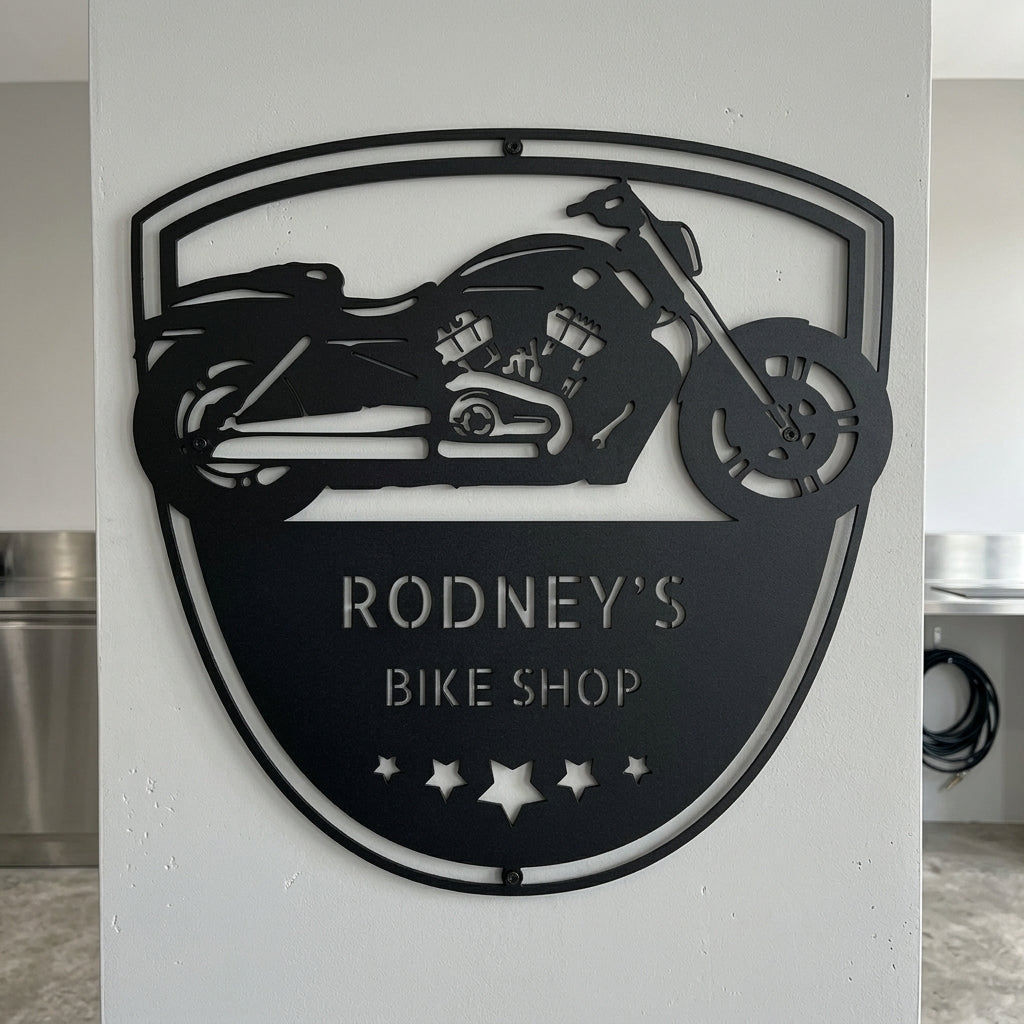 Custom Metal Wall Art - Personalized Biker Garage Name Plaque Black