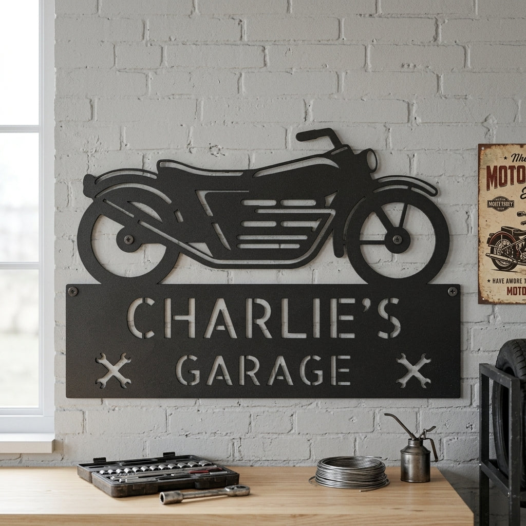 Custom Metal Wall Art - Personalized Biker Garage Name Plaque Black