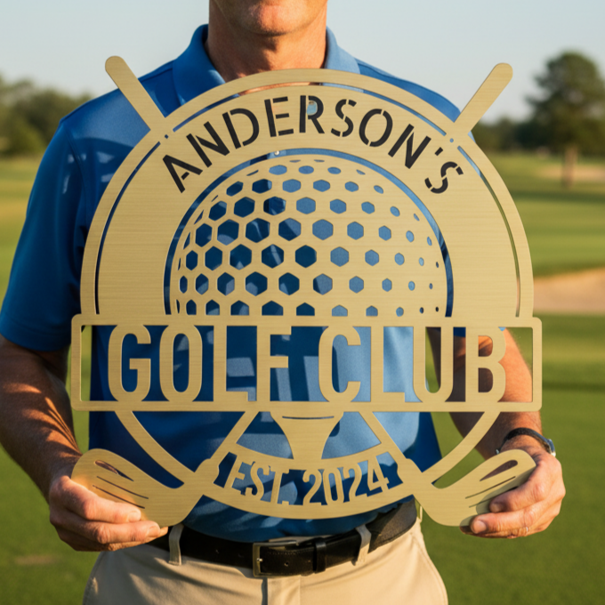 Custom Golf Club Ball Metal Sign Gold