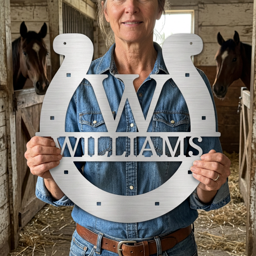 Custom Metal Wall Art - Personalized Horseshoe Sign Silver