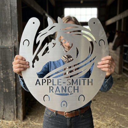 Custom Metal Sign - Personalized Horse Farm Housewarming Plaque Silver