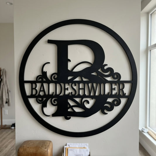 Custom Metal Wall Art - Personalized Split Circle Monogram Sign Black
