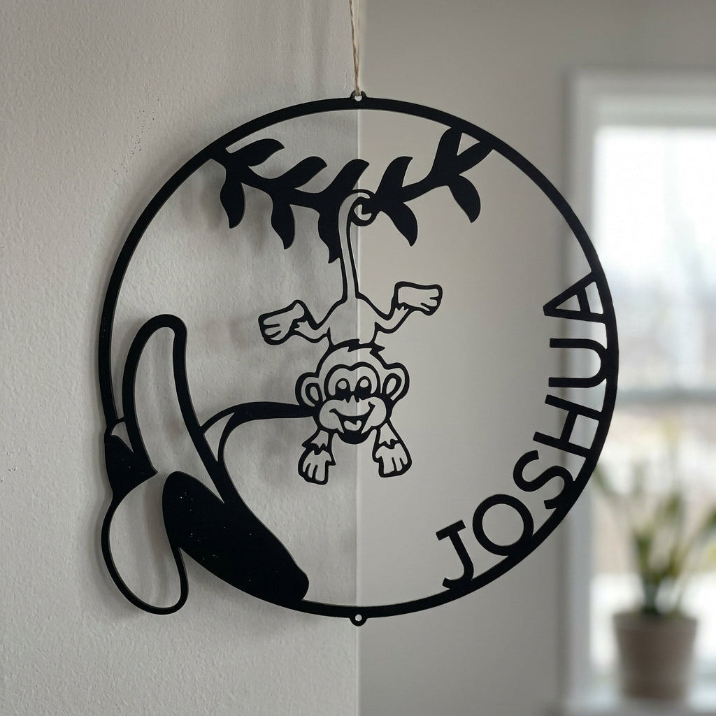 Custom Metal Wall Art - Personalized Little Monkey Name Sign Black