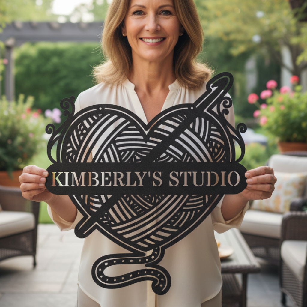 Ball of Yarn & Hook – Custom Metal Sign for Crochet Lovers Black