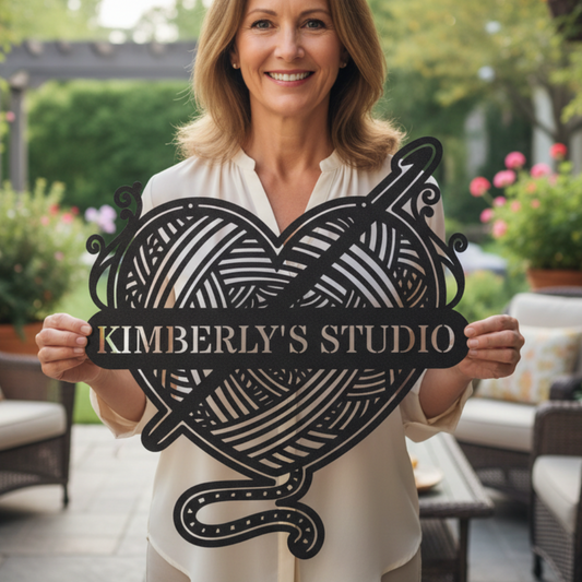 Ball of Yarn & Hook – Custom Metal Sign for Crochet Lovers Black