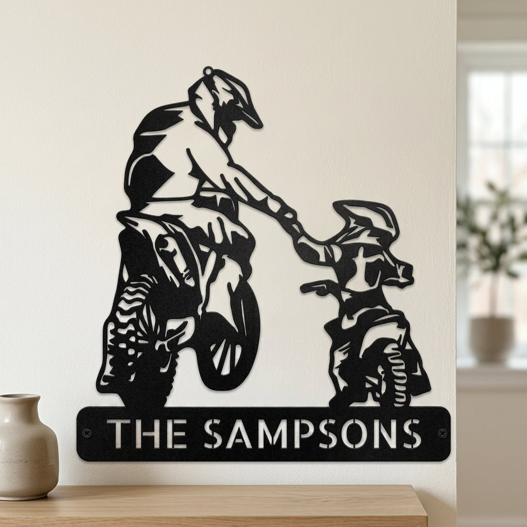 Custom Metal Wall Art - Personalized Father Son Motocross Sign Black