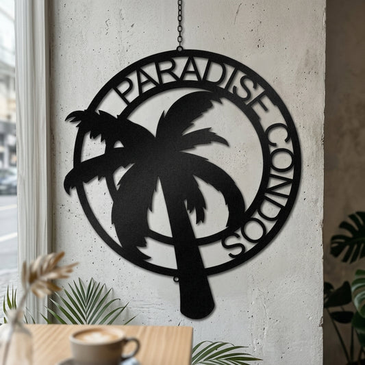 Custom Metal Wall Art - Personalized Palm Tree Name Monogram Sign Black