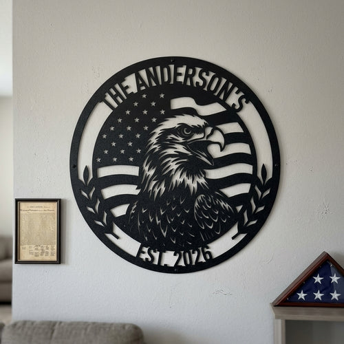 Custom Metal Wall Art - Personalized Patriotic Eagle Monogram Sign Black