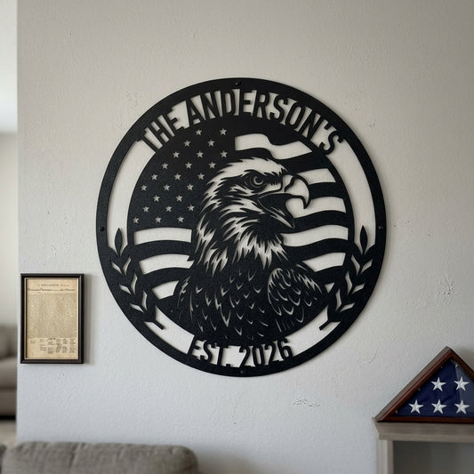 Custom Metal Wall Art - Personalized Patriotic Eagle Monogram Sign Black