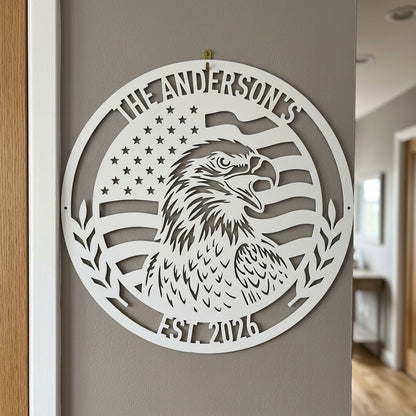 Custom Metal Wall Art - Personalized Patriotic Eagle Monogram Sign White