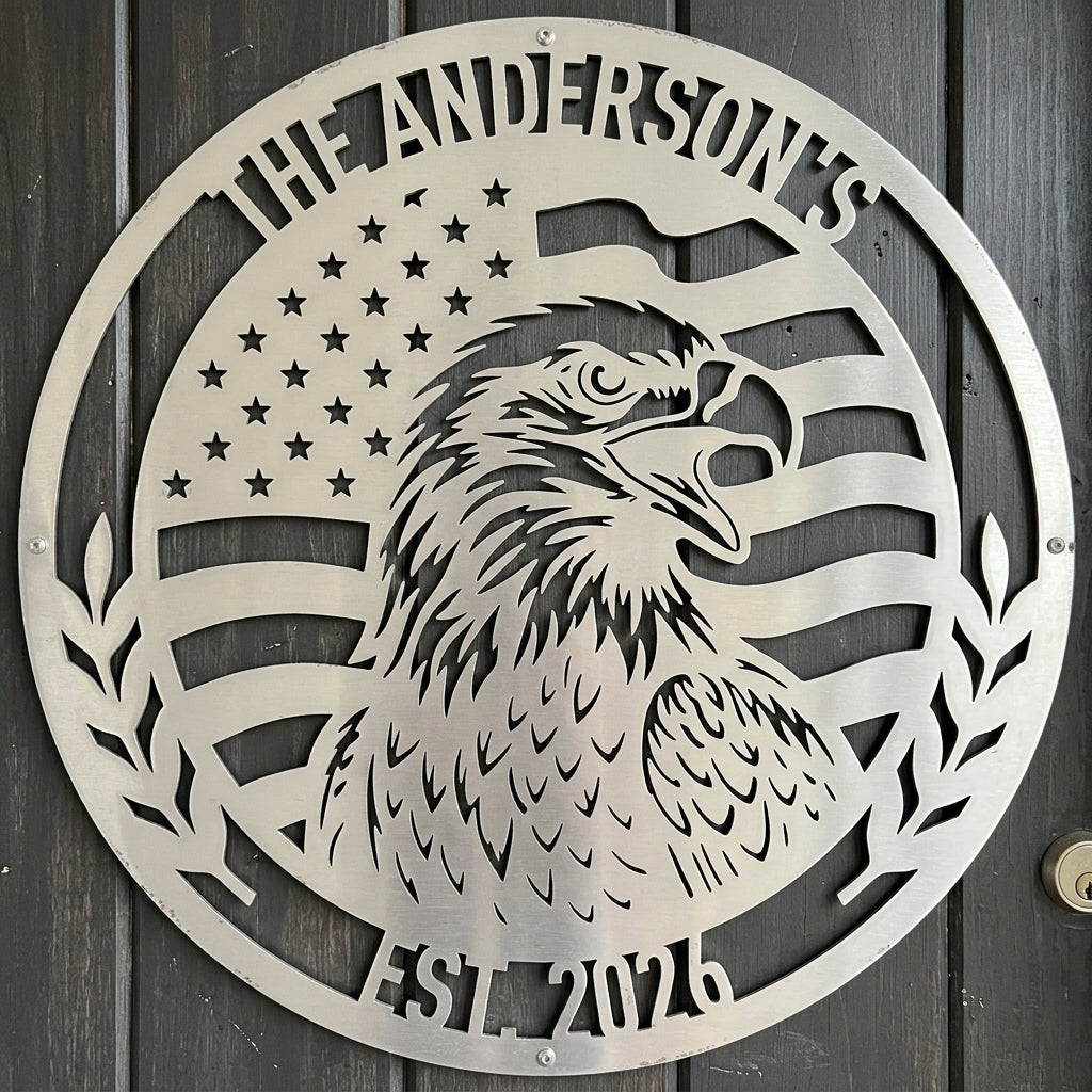 Custom Metal Wall Art - Personalized Patriotic Eagle Monogram Sign Silver
