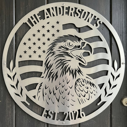 Custom Metal Wall Art - Personalized Patriotic Eagle Monogram Sign Silver