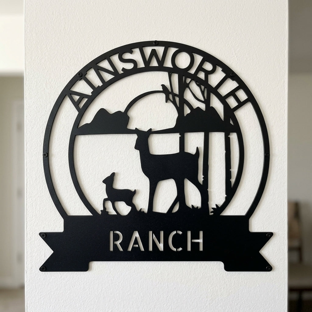 Custom Metal Wall Art - Personalized Sunset Deer Ranch Monogram Sign