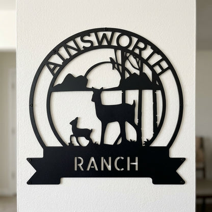Custom Metal Wall Art - Personalized Sunset Deer Ranch Monogram Sign