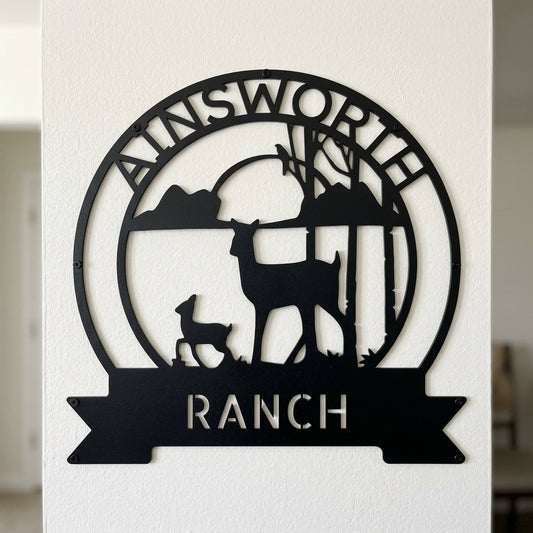 Custom Metal Wall Art - Personalized Sunset Deer Ranch Monogram Sign Black
