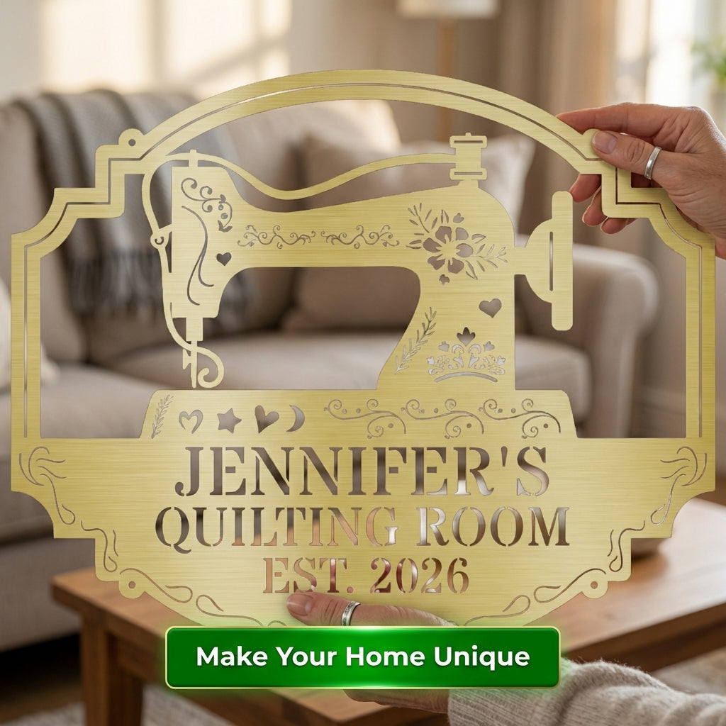 Custom Metal Wall Art - Personalized Sewing and Quilting Sign Gold