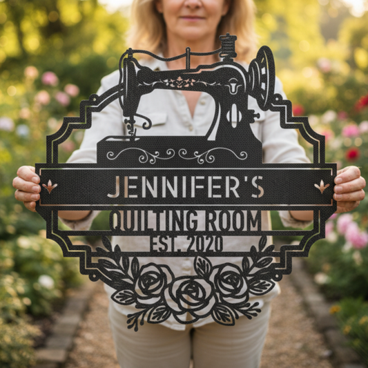 Custom Name Sewing Room Personalized Metal Sign Black