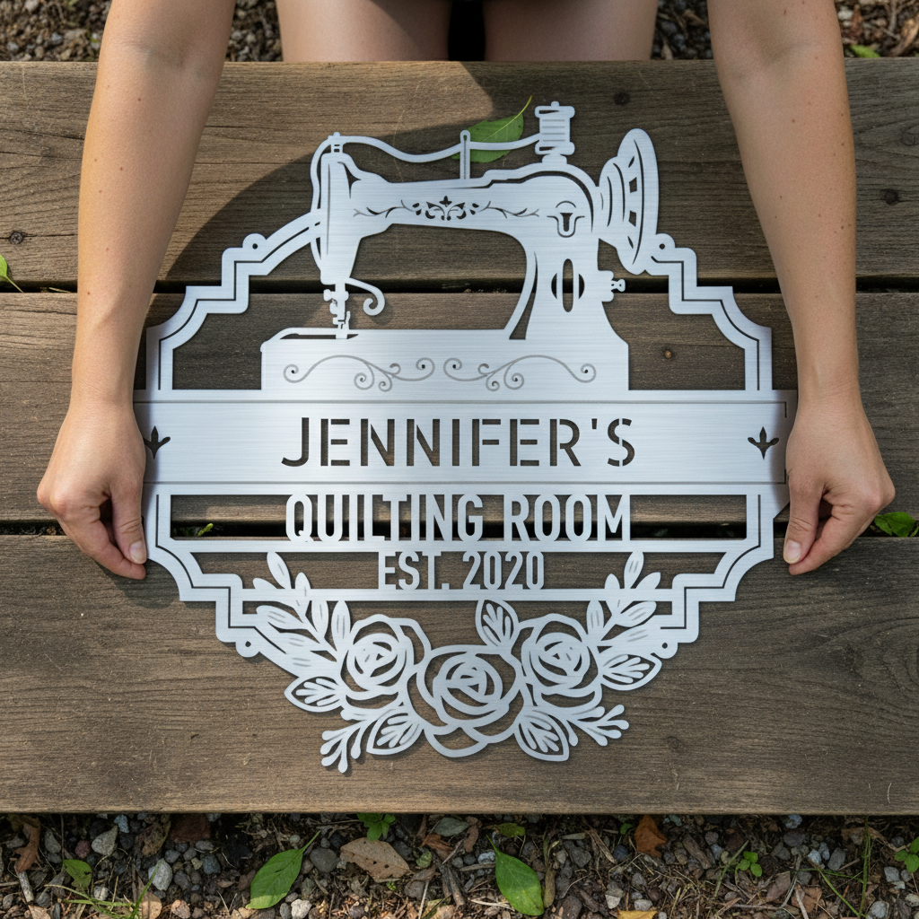Custom Name Sewing Room Personalized Metal Sign Silver
