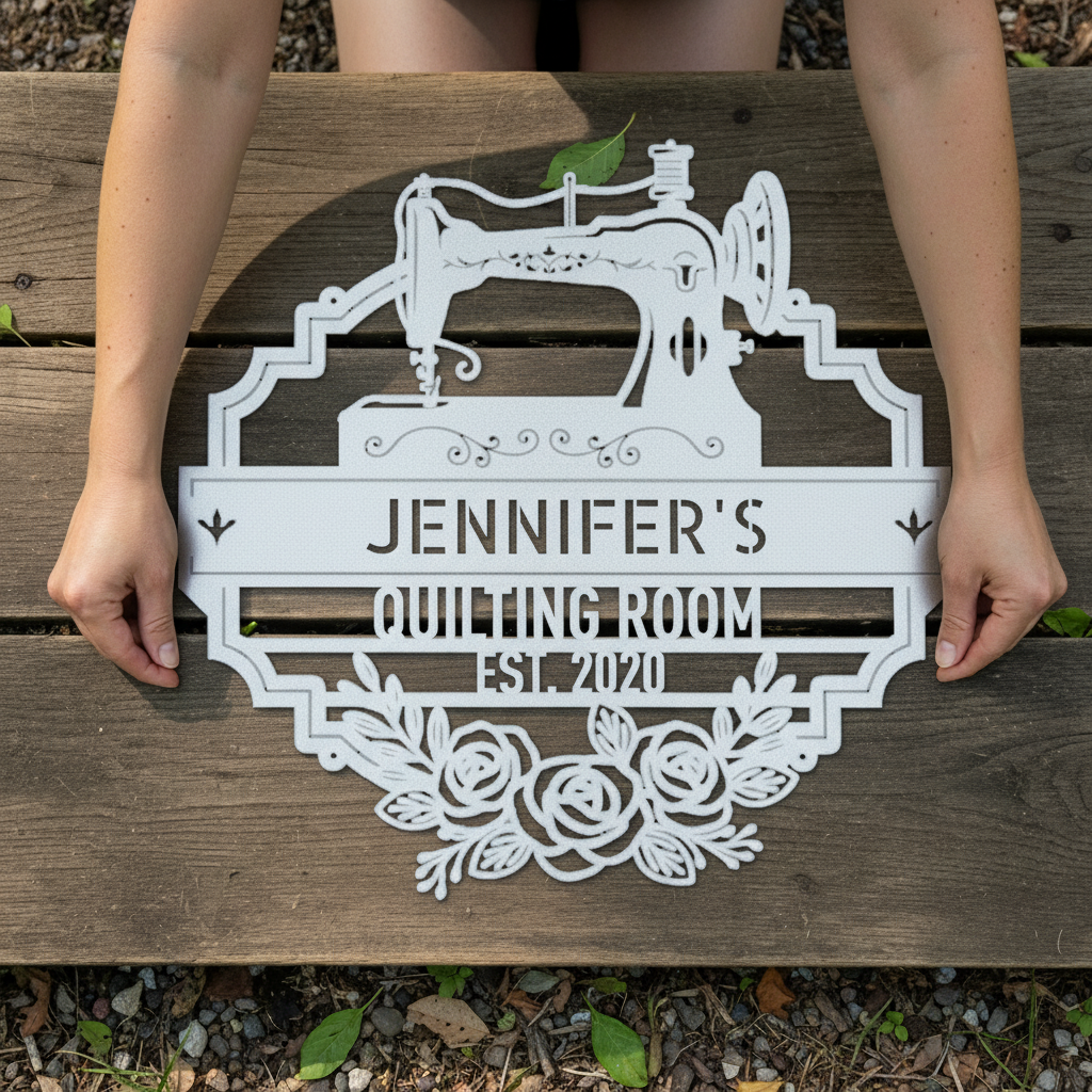 Custom Name Sewing Room Personalized Metal Sign White
