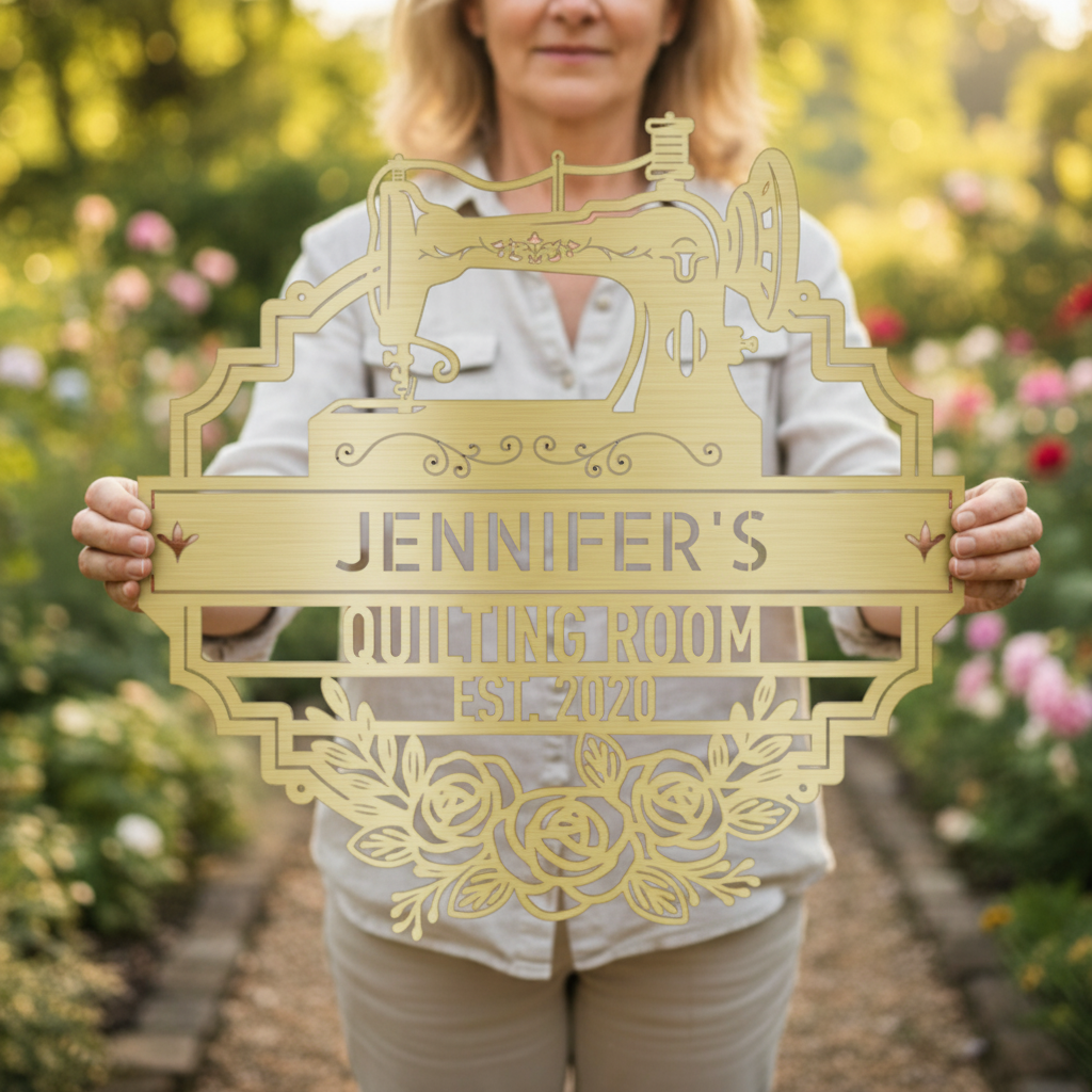 Custom Name Sewing Room Personalized Metal Sign Gold