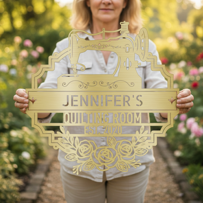 Custom Metal Wall Art - Personalized Sewing and Quilting Sign Gold