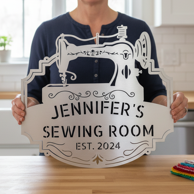 Custom Name Sewing Room Decor Personalized Metal Sign White