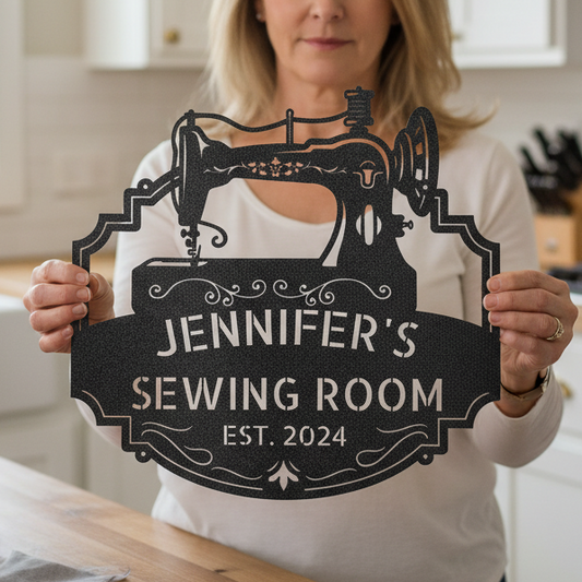 Custom Name Sewing Room Decor Personalized Metal Sign Black